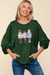 Festive Sequin Nutcracker Patch Hacci Knit Top - Soft & Stretchy Holiday Apparel